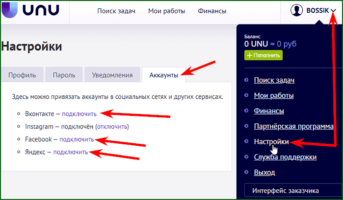 Привязка социальных профилей к аккаунту UNU