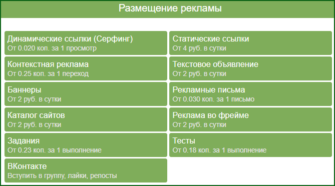 доступные типы рекламы и их расценки на SeoTime