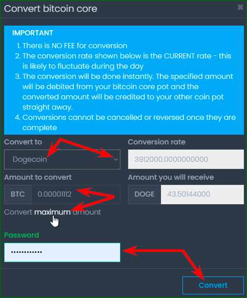 обмен Bitcoin на Dogecoin в кошельке CoinPot шаг 2