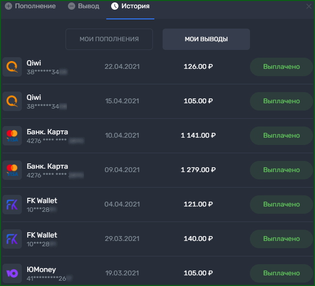 скриншот моих последних выплат с проекта Play2x