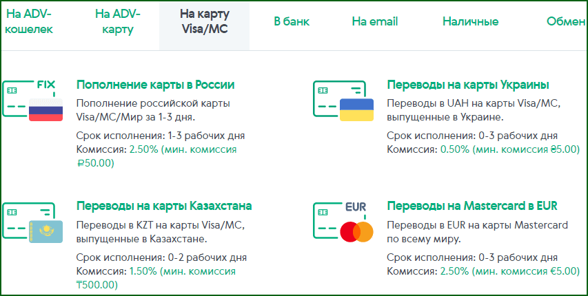 куда можно выводить деньги с кошелька AdvCash