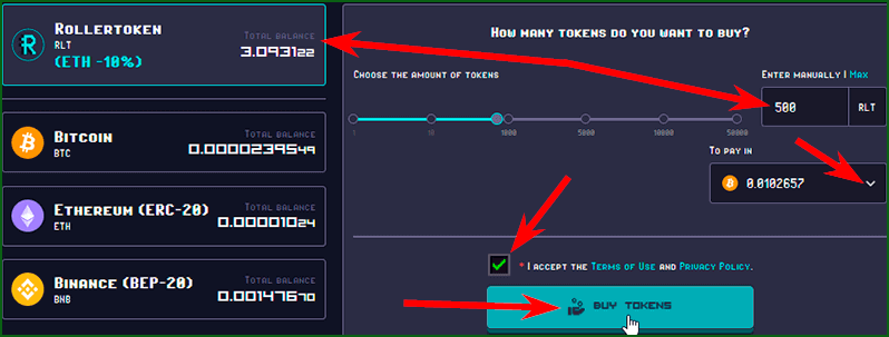 покупка токенов RLT на RollerCoin